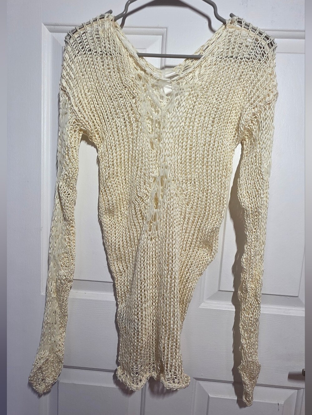 Sheer Open-Knit Cream Long-Sleeve Sweater - Picture 3 of 11